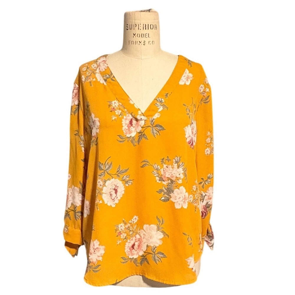 Floral Blouse Womens Large‎ Mustard Yellow Boho V Neck 3/4 Sleeve Top
Summer